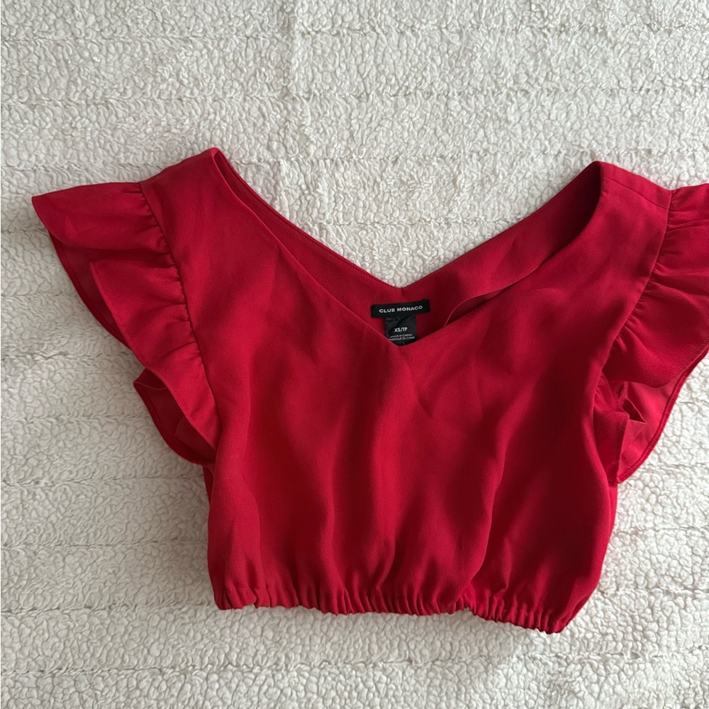 Club Monaco Red Flutter Sleeve Cropped Blouse Top
